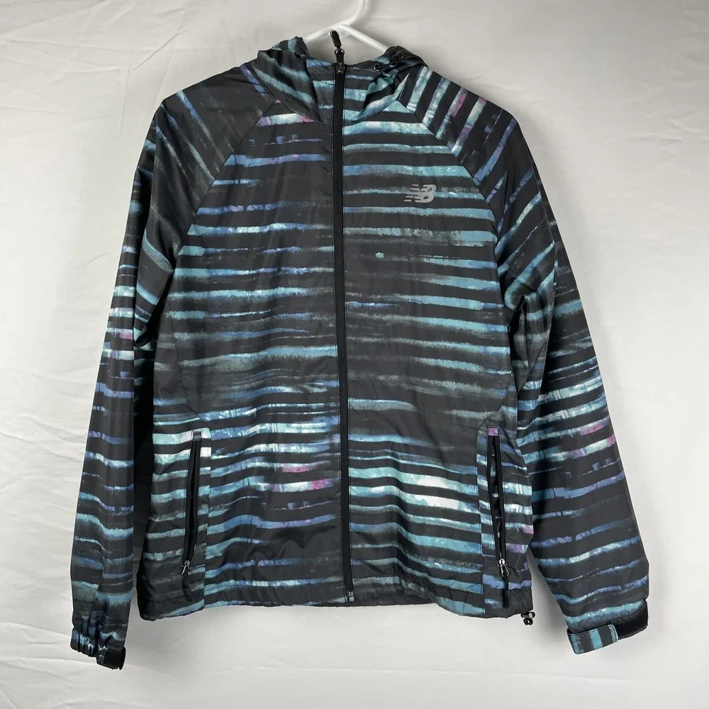 New Balance Rain Jacket Women's Size Large‎ Striped Hooded Full Zip